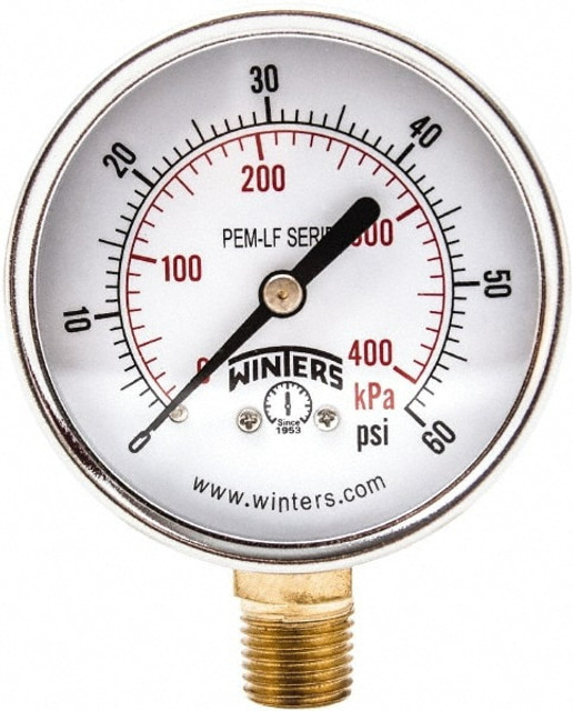 Winters PEM213LF Pressure Gauge: 2-1/2" Dial, 0 to 60 psi, 1/4" Thread, NPT, Lower Mount