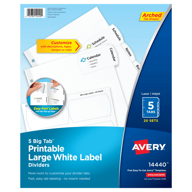 AVERY PRODUCTS CORPORATION 14440 Avery Big Tab Printable Large Label Dividers, Easy Peel, White, 5 Tabs, Pack Of 20 Sets