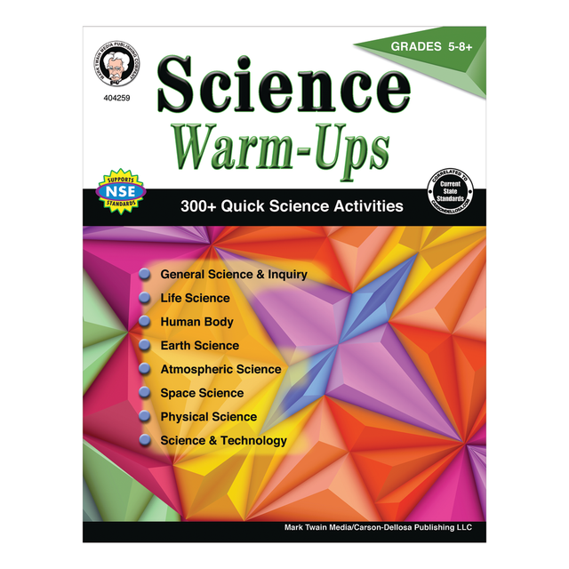 Start the day with scientific inquiry with these warm-up activities. Get students thinking about life science, space, anatomy and more with over 300 warm-ups that are ideal for individual or whole-class instruction.  More than 300 activities get students ready for a productive day of learning. Topics include general science, life science, the human body, space science and technology for a wide range of warm-ups.  Each page features 4 warm-up activities that you can cut apart and use separately. Use the activities as bell-ringers, transparencies, digital copies or in learning centers.  Meets Common Core standards.  Suitable for students in fifth through eighth grade.