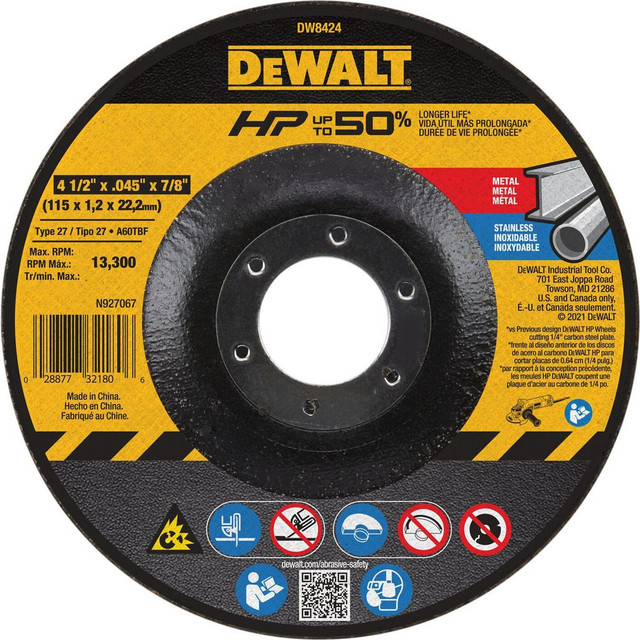 DeWALT DW8424 Depressed Center Wheel: Type 27, 4-1/2" Dia, 0.045" Thick, Aluminum Oxide