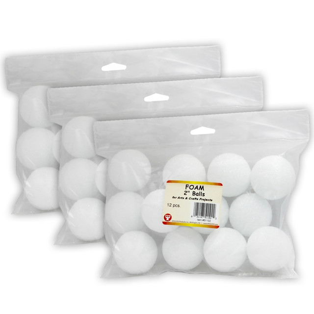 EDUCATORS RESOURCE HYG51102-3 Hygloss Craft Foam Balls, 2 Inch, White, 12 Balls Per Pack, Set Of 3 Packs