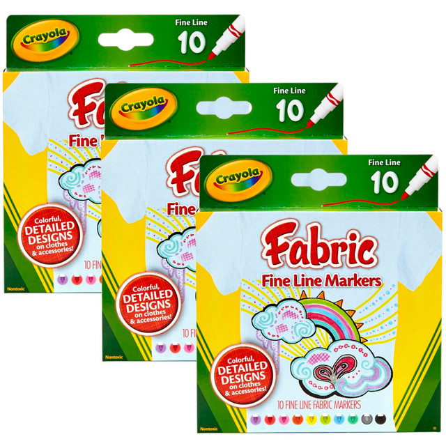 EDUCATORS RESOURCE BIN588626-3 Crayola Fine Line Fabric Markers, Assorted Colors, 10 Markers Per Box, Set Of 3 Boxes