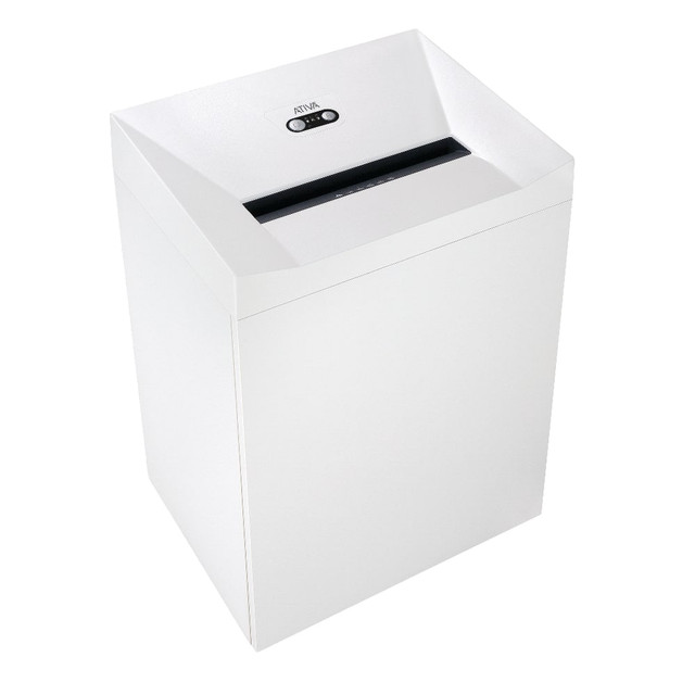 The Ativa shredder in white (PRO27C-XL) is a feature-rich, mobile document shredder for large offices. The 15-3/4in throat accommodates up to 27 sheets at a time and uses cross cutting to make quick, secure work of personal and professional documents.  This 27-sheet cross-cut shredder is designed for use in larger offices. For up to 12 users.  Cross-cut shredding for confidential personal and business documents. Shreds documents into 3/16in x 1-1/8in pieces.  Shreds up to 27 sheets per pass. The 15-3/4in throat width accepts a wide variety of document sizes.  Low power consumption in standby mode.  Paper feed with overload protection reduces paper jams.  Durable, hardened steel cutters slice through credit cards. Cutters come with the manufacturers lifetime warranty.  Runs continuously so you donT have to wait in between jobs. Has a light barrier for automatic starts and stops.  Powerful, yet quiet motor helps minimize noise levels in the workplace.  Automatically switches off if pressure is applied to the safety element.  Removable 38.3-gallon wastebasket with a separate collecting bag for different materials.  High-quality wooden cabinet door blends into office furniture.  Casters allow you to move the shredder throughout your workspace with ease.  Ativa is a trademark or registered trademark of The Office Club, Inc.