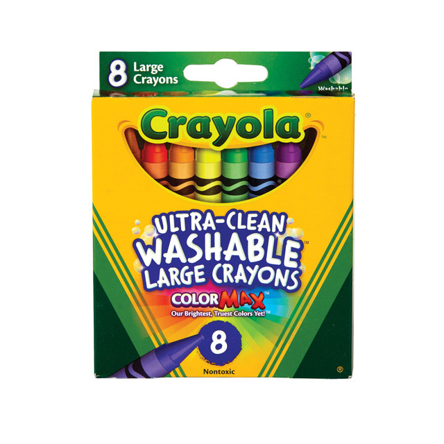 Get worry-free coloring  Easily washes off from most walls and nonporous surfaces.  Crayons offer the youngest artist color that also easily washes from most childrens clothing and fabrics.  Provides true color and smooth laydown for greater ease of use.  Large 7/16in x 4in size.  8 colors come in a tuck box.  Includes 8 Crayola washable crayons.  ACMI Certified AP Nontoxic. For detailed information see www.acmiart.org.  Less harsh chemicals - made with fewer harsh chemicals, or safer chemicals than typical alternatives, helping  reduce your use of and exposure to substances that may be more harmful to your health and the environment.