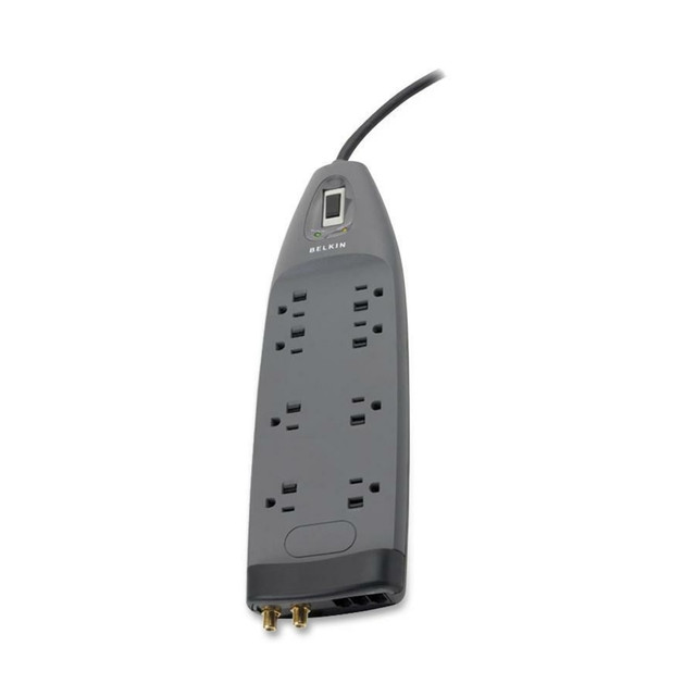 BELKIN, INC. Belkin BE108230-06  8 Outlet Surge Protector with 6ft Power Cord for Home, Office, Travel, Computer Desktop - Black - 3550 Joules - Gray - Right Angle - 8 x AC Power - 1875 VA - 3390 J - 125 V AC Input - Cable Modem/DSL/Fax/Phone, Coaxia