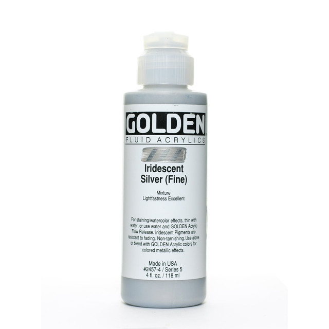 GOLDEN ARTIST COLORS, INC. Golden 2457-4  Fluid Acrylic Paint, 4 Oz, Iridescent Silver Fine