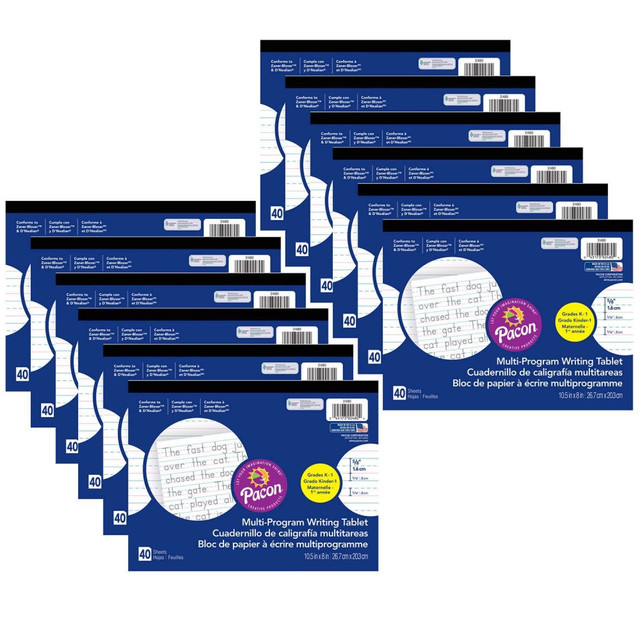 EDUCATORS RESOURCE PAC2480-12 Pacon Multi-Program Handwriting Tablets, 5/8in Ruled, 10-1/2in x 8in, White, 40 Sheets Per Tablet, Set Of 12 Tablets
