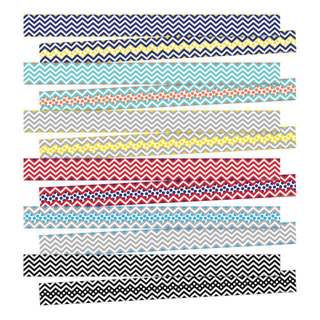 Make sure your students are engaged during your next unit by creating a fun border around your bulletin board with these 3in x 35in strips. The strips come in 6 coordinating designs and are double sided for versatility.  12 strips in 6 different design styles.  Card stock is built to last all school year.  Each strip measures 3in x 35in, creating 210ft of total border.