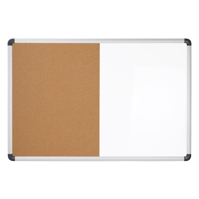 Hang this Realspace Magnetic Dry-Erase & Cork Bulletin Board in your work space or home office to keep important memos and reminders within view. Easily write temporary notes and messages on the smooth magnetic steel dry-erase surface, so you can stay aware of upcoming events or receive important information if you are away from your desk. The other half of the board boasts a self-healing cork surface that securely holds pushpins to keep crucial announcements on display.  Steel dry-erase board allows for smooth writing of notes, messages and reminders.  Cork board lets you hang important memos, notices and papers with pushpins. Self-healing cork is designed to help the holes disappear, so the surface remains usable for longer.  Magnetic design allows you to display important items on the dry-erase board with magnets.  Aluminum frame offers a durable design and a sleek, professional appearance.  Comes with mounting hardware.  Combination board measures 24in x 36in.