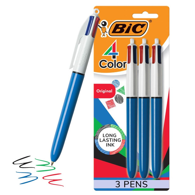 BIC CORP MMP31 BIC 4 Color Retractable Ballpoint Pen, Medium Point, 1.0 mm, Blue Barrel, Assorted Ink Colors, Pack Of 3 BIC CORP MMP31 BIC 4 Color Retractable Ballpoint Pen, Medium Point, 1.0 mm, Blue Barrel, Assorted Ink Colors, Pack Of 3