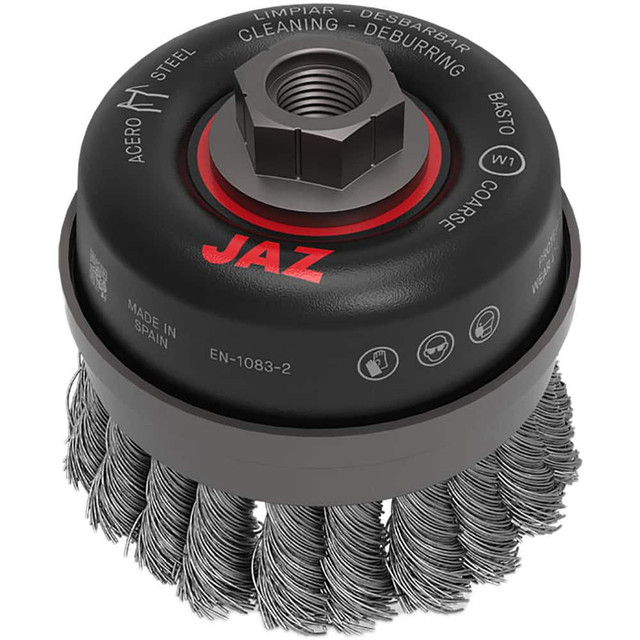 JAZ USA 54082 Cup Brushes; Brush Diameter (Decimal Inch): 4 ; Brush Type: Knotted ; Fill Material: Stainless Steel ; Arbor Type: Threaded Arbor ; Arbor Hole Thread Size: 5/8-11 ; Grade: Coarse