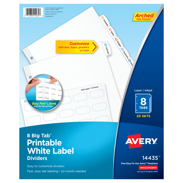 AVERY PRODUCTS CORPORATION 14435 Avery Big Tab Printable Label Dividers, Easy Peel, 8 Tabs, Pack Of 20 Sets AVERY PRODUCTS CORPORATION 14435 Avery Big Tab Printable Label Dividers, Easy Peel, 8 Tabs, Pack Of 20 Sets