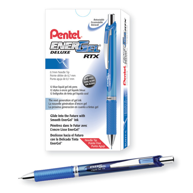 Having a dependable pen on hand lets you confidently attack the day, which is why you should use the EnerGel Deluxe RTX pens. These Pentel EnerGel pens offer a smooth flow of liquid gel ink to leave easy-to-read lines with each stroke.  Smooth liquid-gel ink for strong lines.  Built-in pocket clip for easy carrying.  Acid-free gel ink is quick-drying to resist smudges.  Refillable.  Needle-point pens with blue ink in a pack of 12 for your home or small office.  Refillable - designed to be used repeatedly, helping you avoid single-use disposables and potentially save money.  Contains Recycled Content - See Specs for Details.