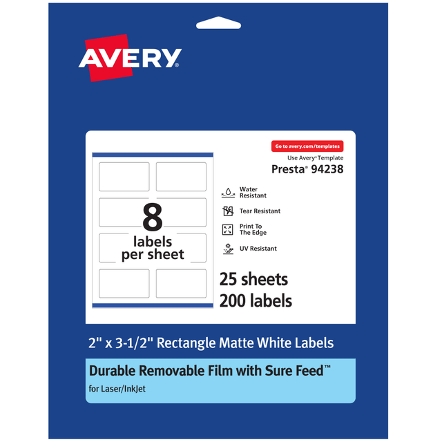 AVERY PRODUCTS CORPORATION 94238-DRF25 Avery Durable Removable Labels With Sure Feed, 94238-DRF25, Rectangle, 2in x 3-1/2in, White, Pack Of 200