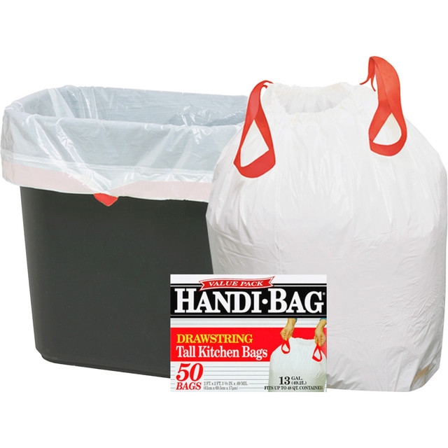 BERRY GLOBAL, INC. HAB6DK50NCT Berry Handi-Bag Drawstring Tall Kitchen Bags - Small Size - 13 gal Capacity - 24in Width x 27in Length - 0.69 mil (18 Micron) Thickness - Drawstring Closure - White - Resin - 6/Carton - 50 Per Box - Kitchen