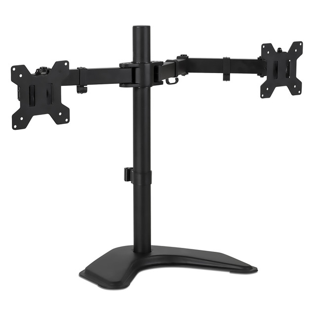 Raise your monitors to an ergonomic position and work more efficiently with this dual monitor stand. Designed for performance, this monitor stand is made from high-strength steel for durability. Freestanding base sits on top of any desktop for quick installation. The arms can be raised or lowered on the pole for easy height adjustment. Tilt and swivel offer multiple monitor angles for comfortable reading, and integrated cable management keeps your cords off your desktop.  DUAL MONITOR STAND DESK MOUNT: Fits two monitors 19 20 21 22 23 24 25 26 27 28 30 32 inches, with a maximum support weight of 17.6 pounds each, using the 75x75mm or 100x100mm VESA square bolt hole pattern found on the back of the monitors. Comes with stable freestanding base for desktops.  FEATURES: Double monitor stand has full motion, height adjustable articulating arms and are made of heavy duty steel, and have integrated cable management clips on each to keep your cables organized.  FULLY ADJUSTABLE: Monitor stands for 2 monitors have arms can tilt +/- 45 degrees, swivel left-right 360 degrees, and raise and/lower, offering a more ergonomic positioning of your computer screens, while saving room on your desktop. Each screen can be placed in portrait or landscape orientation independent of one another.  EASY INSTALLATION: 2 monitor stand comes with all mounting hardware, tools, and instructions necessary for assembly. See instructional video for additional tips on functionality and assembly.  Raise your monitors to an ergonomic position and work more efficiently with this dual monitor stand