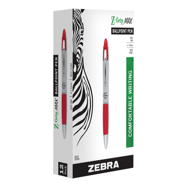 ZEBRA PEN CORP Zebra 22430  Pen Z-Grip Max Retractable Ballpoint Pens, Pack Of 12, Medium Point, 1.0 mm, Gray Barrel, Red Ink