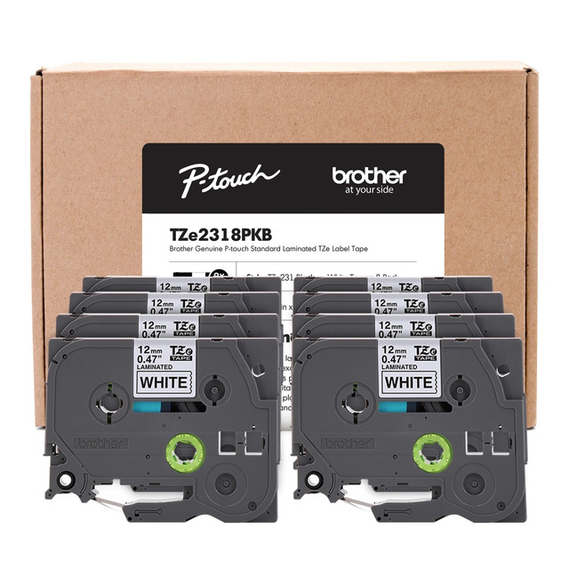Make your labels pop off the page with Brother P-Touch label maker tape. Each label is suitable for both indoor and outdoor use and can stand up to even the most extreme temperatures.  Black print on white tape makes text pop.  Suitable for indoor and outdoor use and stands up to extreme temperatures.  Compatible with Brother PTD200, PTD210, PTD215E, PTD400, PTD400AD and more (sold separately).  Sleek black on white design.