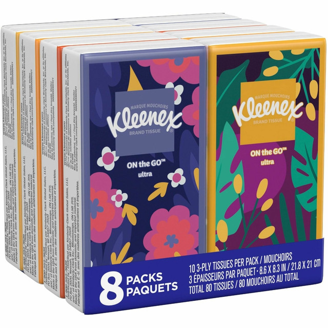 KIMBERLY-CLARK Kleenex 46651  Go Packs Facial Tissues, 3 Ply, White, 8 Pouches Per Pack