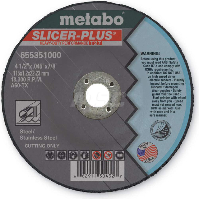 Metabo 655351000 Cutoff Wheel: Type 27, 4-1/2" Dia, 0.045" Thick, 7/8" Hole, Zirconia Alumina