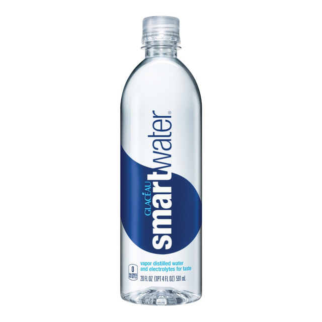 Stay hydrated throughout the day with this pack of Glaceau Smartwater bottled water. The vapor distillation process purifies water by mimicking the natural hydrologic cycle, while the 30 percent plant-based bottle offers an eco-conscious choice. Get crisp, fresh taste from the unique infusions of calcium, magnesium and potassium. This Glaceau Smartwater bottled water are sugar-free, calorie-free and devoid of color or flavors for a pure, healthy choice.  Purified water for a clean, refreshing taste.  20-Oz capacity quenches your thirst.  Blend of ionized minerals offer a fresh, pure taste.  Case of 24 bottles of Glaceau Smartwater.