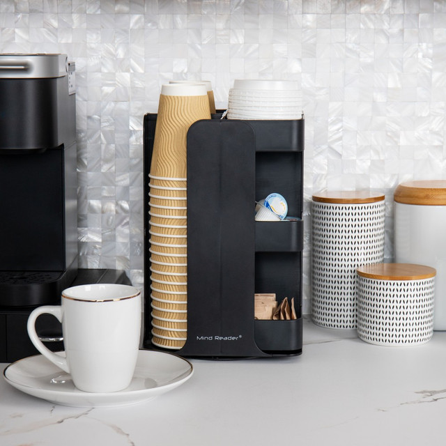 Keep your coffee area looking neat with the Mind Reader Anchor Collection Coffee Cup, Lid And Condiment Carousel. The 8 compartments can hold all of your coffee cups, lids and condiments in an organized fashion and rotate 360 deg. for added convenience.  Durable plastic construction is made to withstand heavy use.  Boasts 8 compartments to store up to thirty 10, 12 and 16 oz lids or disposable cups each.  Space-saving vertical cup and condiment tower spins a full 360 deg. for easy access.  Portable design can be moved easily.  Clean with mild soap and a paper towel or soft cloth.