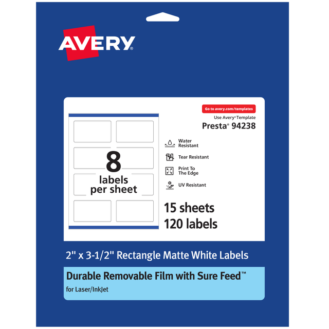 AVERY PRODUCTS CORPORATION 94238-DRF15 Avery Durable Removable Labels With Sure Feed, 94238-DRF15, Rectangle, 2in x 3-1/2in, White, Pack Of 120 AVERY PRODUCTS CORPORATION 94238-DRF15 Avery Durable Removable Labels With Sure Feed, 94238-DRF15, Rectangle, 2in x 3-1/2in, White, Pack Of 120