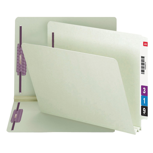 SMEAD MFG CO 2K2ET400-1&3 Smead Pressboard End-Tab Folders With SafeSHIELD Fastener, Straight Cut, 2in Expansion, Letter Size, Gray/Green, Pack Of 25