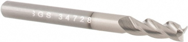 SGS 34728 Square End Mill: 1/8'' Dia, 3/8'' LOC, 1/8'' Shank Dia, 1-1/2'' OAL, 3 Flutes, Solid Carbide