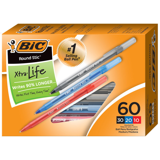 BIC CORP GSM609-AST BIC Round Stic Xtra Life Ballpoint Pens, Medium Point, 1.0 mm, Assorted Colors, Pack Of 60 Pens BIC CORP GSM609-AST BIC Round Stic Xtra Life Ballpoint Pens, Medium Point, 1.0 mm, Assorted Colors, Pack Of 60 Pens