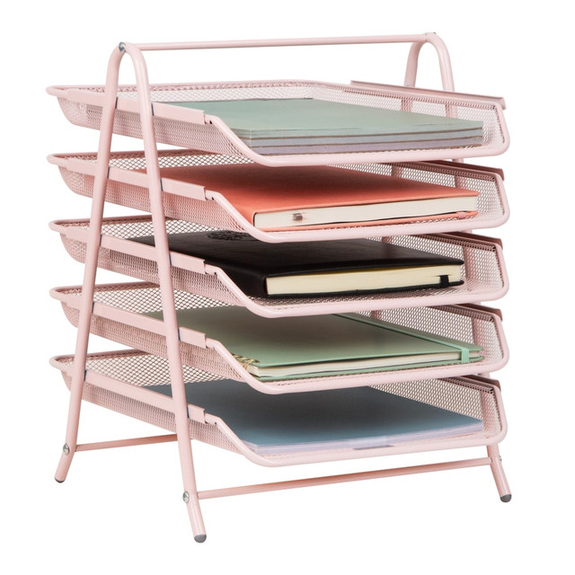 EMS MIND READER LLC 5TPAPER-PNK Mind Reader 5-Tier Paper Tray Desktop Organizer Metal Mesh, 14-1/2inH x 14inW x 11-3/4in L, Pink EMS MIND READER LLC 5TPAPER-PNK Mind Reader 5-Tier Paper Tray Desktop Organizer Metal Mesh, 14-1/2inH x 14inW x 11-3/4in L, Pink