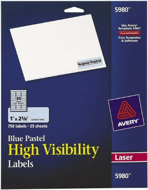 AVERY 05980 Label Maker Label: Pastel Blue, Paper, 2-5/8" OAL, 1" OAW, 750 per Roll