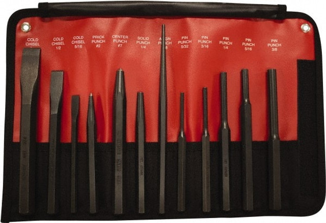 Mayhew 61412 12 Piece Cold Chisel, Prick, Center, Solid & Pin Punch Set