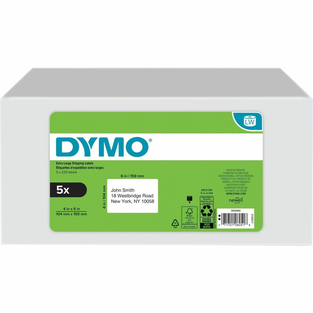 NEWELL BRANDS INC. 2026404 Dymo LabelWriter XL Shipping Labels, 4in x 6in, Rectangle, White, 220 Labels Per Roll, Pack Of 5 Rolls NEWELL BRANDS INC. 2026404 Dymo LabelWriter XL Shipping Labels, 4in x 6in, Rectangle, White, 220 Labels Per Roll, Pack Of 5 Rolls