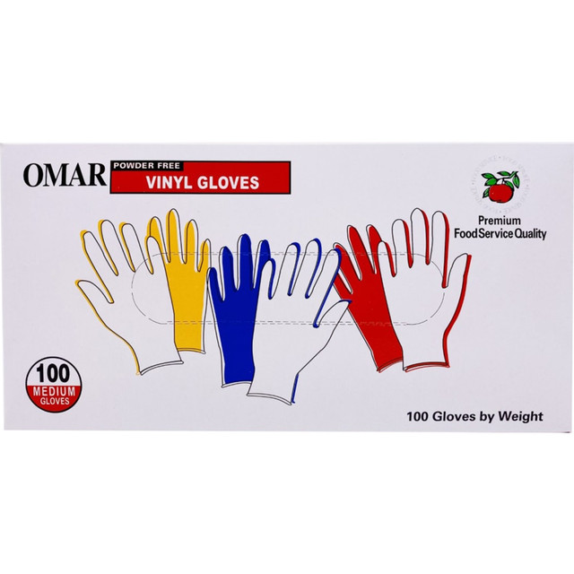 Keep your hands protected from dirt and contaminants when you wear these Omar Disposable Powder-Free Vinyl General-Purpose Gloves. These non-medical gloves are free of powder and latex, so you can clean or work without irritation.  Crafted with vinyl for a soft feel and reliable strength.  Latex- and powder-free construction for safe use by those with sensitivities.  Disposable and ambidextrous.  Comes with 100 gloves per box.