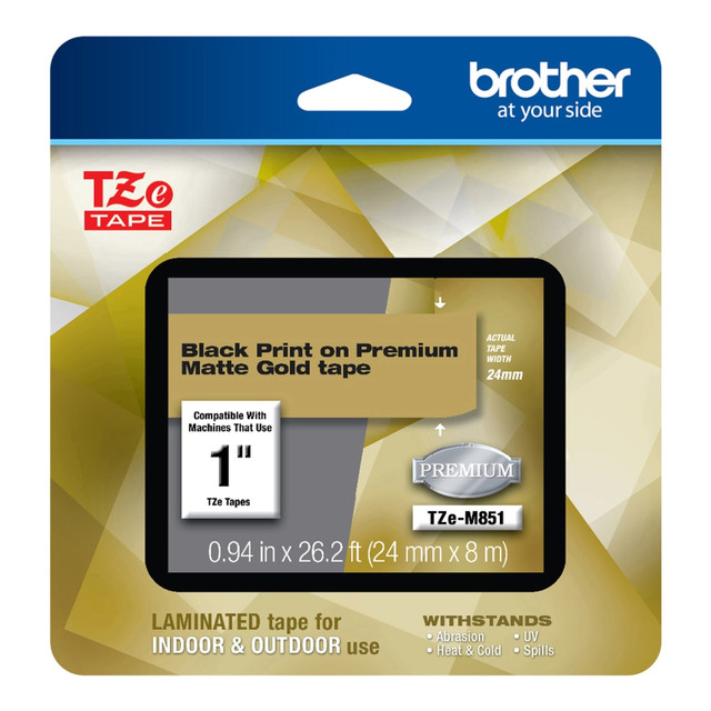 BROTHER INTL CORP Brother TZEM851  TZE Premium Matte Laminated Tape, 0.94in x 26.2ft, Black/Gold