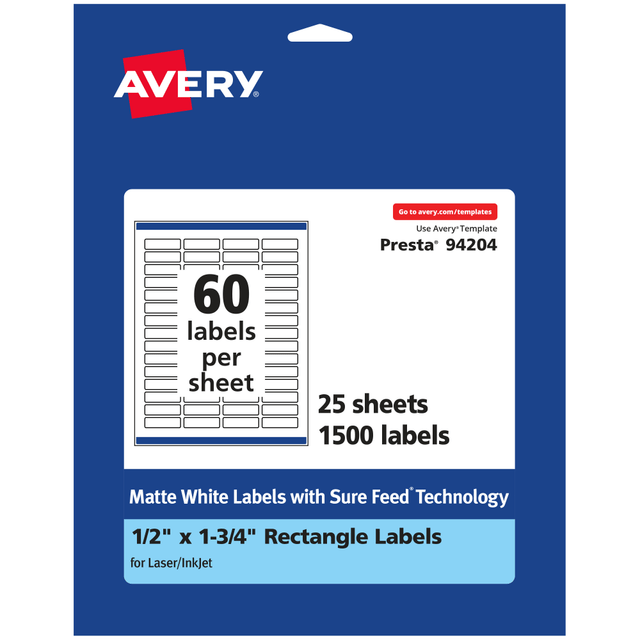 AVERY PRODUCTS CORPORATION 94204-WMP25 Avery Permanent Labels With Sure Feed, 94204-WMP25, Rectangle, 1/2in x 1-3/4in, White, Pack Of 1,500 AVERY PRODUCTS CORPORATION 94204-WMP25 Avery Permanent Labels With Sure Feed, 94204-WMP25, Rectangle, 1/2in x 1-3/4in, White, Pack Of 1,500