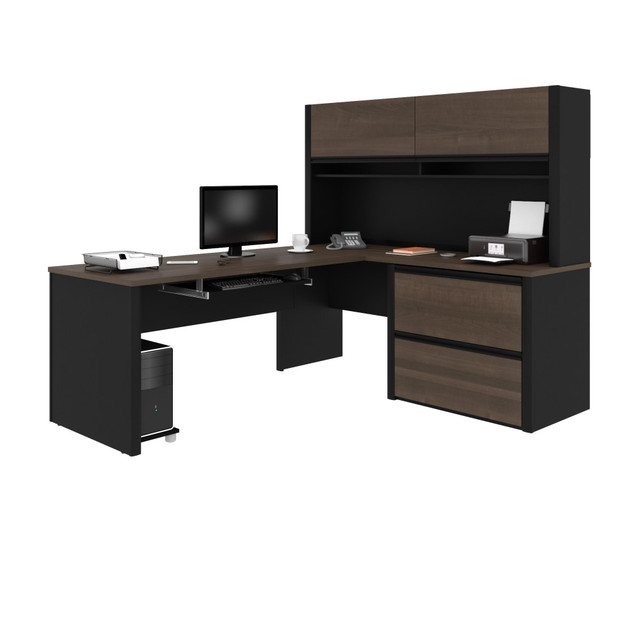 BESTAR INC. 93867-000052 Bestar Connexion 72inW L-Shaped Corner Desk With Hutch And Lateral File Cabinet, Antigua/Black