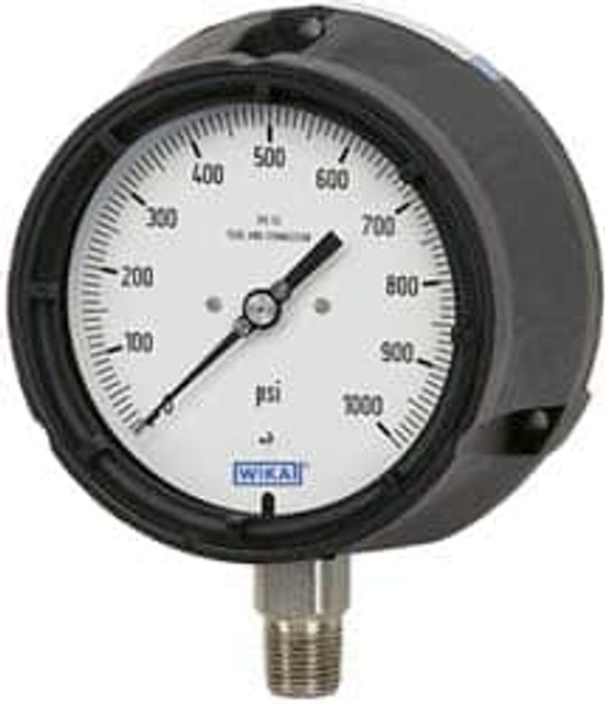 Wika 4333994 Pressure Gauge: 4-1/2" Dial, 1/2" Thread, Lower Mount