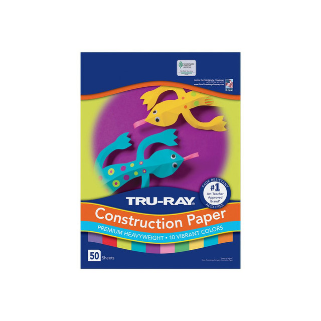 Bring vibrant color to bulletin boards and art projects with this Tru-Ray construction paper. The acid-free, fade-resistant hue delivers lasting good looks, while the strong fibers and a 100 percent vat-dye process gives each sheet added strength to help resist curling, cracking and tearing. This Tru-Ray construction paper comes in a generous pack, providing a convenient supply for classroom use.  Heavyweight paper is ideal for a range of crafts, including scoring.  Acid-free sheets resist fading for enduring quality.  100 percent vat-dyed sulphite resists tearing and curling.  Greener choice - contains 50% postconsumer recycled content.  50% recycled paper is 9in x 12in in a pack of 50 assorted brights.  Contains Recycled Content - See Specs for Details.