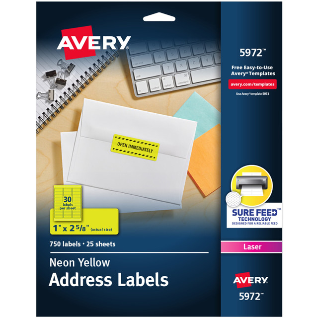 AVERY PRODUCTS CORPORATION 5972 Avery High-Visibility Permanent Laser ID Labels, 5972, 1in x 2 5/8in, Yellow, Pack Of 750 AVERY PRODUCTS CORPORATION 5972 Avery High-Visibility Permanent Laser ID Labels, 5972, 1in x 2 5/8in, Yellow, Pack Of 750