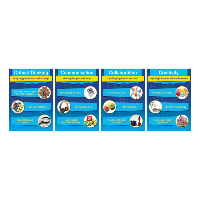 Great for virtually any learning environment, this set comes with 4 posters that each focus on a different component for STEM/STEAM learning. The set includes posters on Creativity, Collaboration, Communication and Critical Thinking.  Includes 4 posters that focus on important STEM and STEAM skills.  Card stock is thick and durable.  Separate posters for Critical Thinking, Communication, Collaboration and Creativity.  Each poster measures 13-3/8in x 19in.