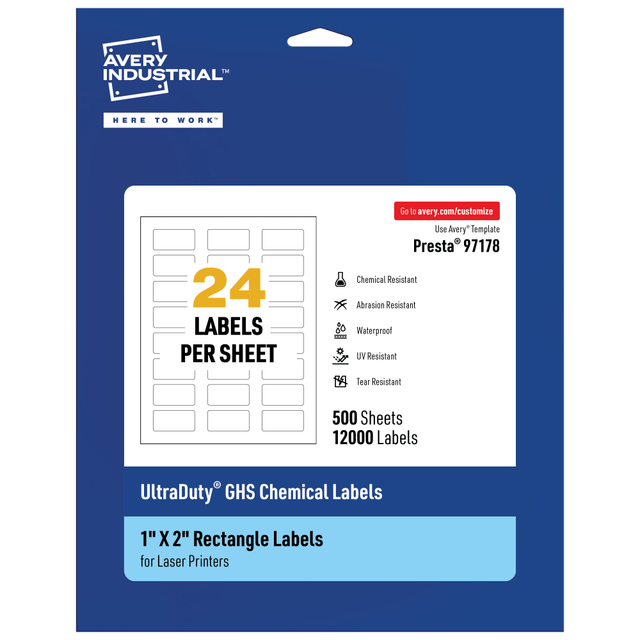 AVERY PRODUCTS CORPORATION 97178-WMU500 Avery Ultra Duty Permanent GHS Chemical Labels, 97178-WMU500, Rectangle, 1in x 2in, White, Pack Of 12,000 AVERY PRODUCTS CORPORATION 97178-WMU500 Avery Ultra Duty Permanent GHS Chemical Labels, 97178-WMU500, Rectangle, 1in x 2in, White, Pack Of 12,000