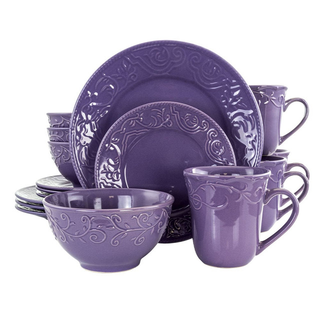 MEGAGOODS, INC. 995102837M Elama 16-Piece Stoneware Dinnerware Set, Lilac Fields