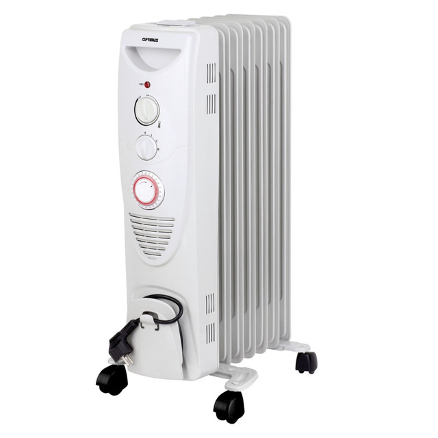 OPTIMUS ENTERPRISE, INC. 99598101M Optimus 1500-Watt Portable 7-Fins Oil-Filled Radiator Heater, 26in x 15in, White OPTIMUS ENTERPRISE, INC. 99598101M Optimus 1500-Watt Portable 7-Fins Oil-Filled Radiator Heater, 26in x 15in, White