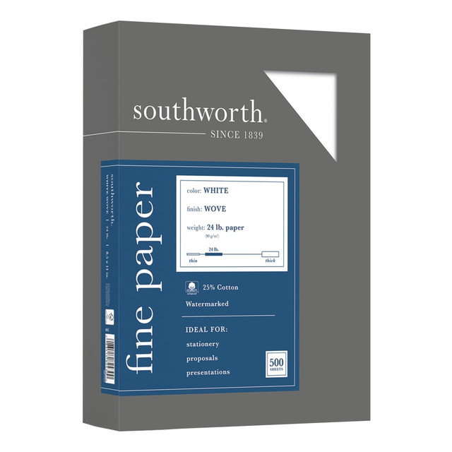 NEENAH PAPER INC 404C Southworth 25% Cotton Business Paper, 8 1/2in x 11in, 24 Lb, White, Box Of 500 NEENAH PAPER INC 404C Southworth 25% Cotton Business Paper, 8 1/2in x 11in, 24 Lb, White, Box Of 500
