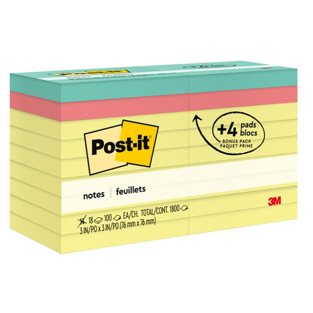 Cut through the clutter with the iconic Canary Yellow Post-it Notes. These sticky notes feature a unique adhesive designed for use on paper or in planners. Post-it Notes stick securely yet remove cleanly without damage. Keep your ideas across your notebooks, classroom books, calendars or other documents. No tape or tacks are needed with adhesive notes, saving you money and time on office products or school supplies. Ideal for writing notes or reminders to yourself or others, Post-it Notes are the perfect solution for time tracking, to-do lists, marking cables, color-coding documents, reminding kids to do chores, storyboarding and more. All Post-it Notes are sourced from certified, renewable and responsibly managed forests. You can also recycle them when they are no longer needed.  GET ORGANIZED: Each pack includes 24 pads of 3 in. x 3 in.  notes, with 100 sheets per pad, great for your office, work area, or classroom  STICKY NOTES: Post-it Notes are versatile, perfect for calendars, planning, quick reminders, daily planners, visual aids, labeling, marking dates, bookmarks, and more  IDEAL FOR: Post-it Notes are the perfect solution for reminders, time tracking, to-do lists, marking cables, color-coding documents, reminding kids to do chores, storyboarding and more  NO SURFACE DAMAGE: Post-it Notes stick securely and remove cleanly; no tape or tacks are needed, and the adhesive backing of these reusable sticky notes allows for easy repositioning  VARIOUS SIZES AND SHAPES: Available in different sizes, with or without lines, to cater to your specific needs  EYE-CATCHING COLORS: Vibrant and colorful reminders are more likely to grab attention and be noticed  ICONIC CANARY YELLOW: The color that started it all  EXPLORE OUR COLLECTIONS: With 11 color collections, the Post-it Brand offers a wide range of options to suit every style and preference, whether at home, in school, or at the office  ORIGINAL CREATOR: Made in the USA with globally sourced materials, the one and only Post-it Note was originally created by Post-it Brand  RECYCLABLE: All Post-it Notes are sourced from certified, renewable and responsibly managed forests; also, Post-it Notes are recyclable  AMERICAs #1 FAVORITE STICKY NOTE: You are more likely to achieve your goals when you write them down  3 in x 3 in, Canary Yellow plus 4 free pads in Poptimistic colors  18 Pads/Pack, 100 Sheets/Pad