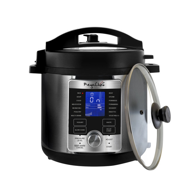 Cook up a meal your family will love with the MegaChef 6-Qt. Stainless-Steel Electric Digital Pressure Cooker with Lid. It features a removable lid and a stainless-steel inner pot that make cleanup a breeze, and it has an automatic shutoff feature for safety.  Made from stainless steel for long-lasting use.  Removable lid and rubber seal make it easy to access your food.  Removable inner pot makes cleanup easy.  Automatic shutoff feature and lid locking system help ensure safe use.  Digital display and controls are simple to use.