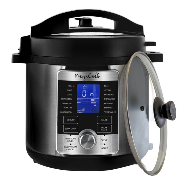 MEGAGOODS, INC. MegaChef 995111967M  6-Qt. Stainless-Steel Electric Digital Pressure Cooker with Lid, Silver/Black