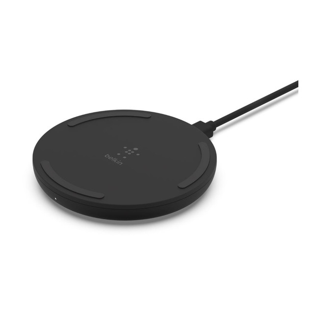 Charge your favorite mobile devices with the Belkin 10W Wireless Charging Pad And QC 3.0 Wall Charger. Quickly power your Samsung, Apple or other mobile devices without having to plug them in. The QC wall charger and cable are included for traditional charging capability.  Compatible with Qi-enabled wireless charging devices.  Charges at up to 9W of power for Samsung products, 7.5W for Apple products and 5W for other devices.  Charge compatible with lightweight cases.  LED light indicates when your phone is properly aligned for optimal charging ability.  Use your phone even as it's charging.  AC adapter is included to allow you to charge devices right out of the box.  QC wall charger and cable provide a traditional option for charging your device.  Backed by the manufacturer's 2-year limited warranty.